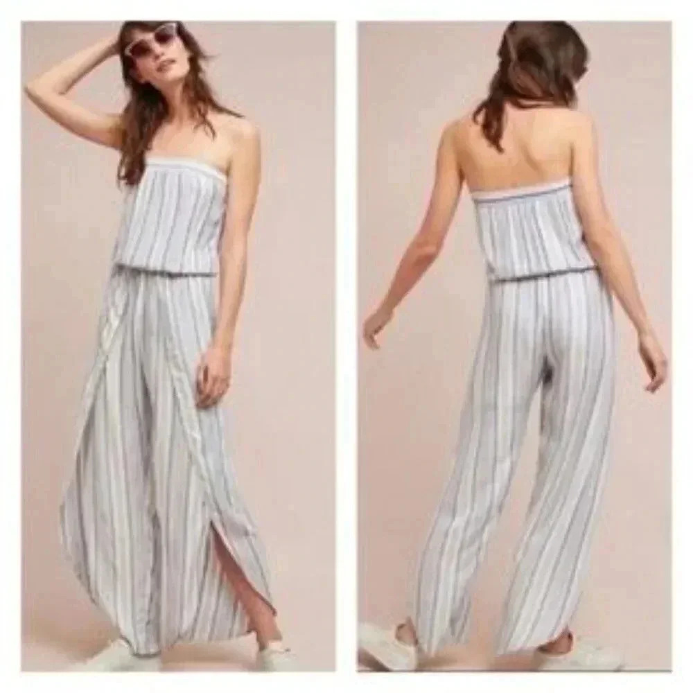 DREW Striped‎ Linen Tulip Pant Strapless Jumpsuit M